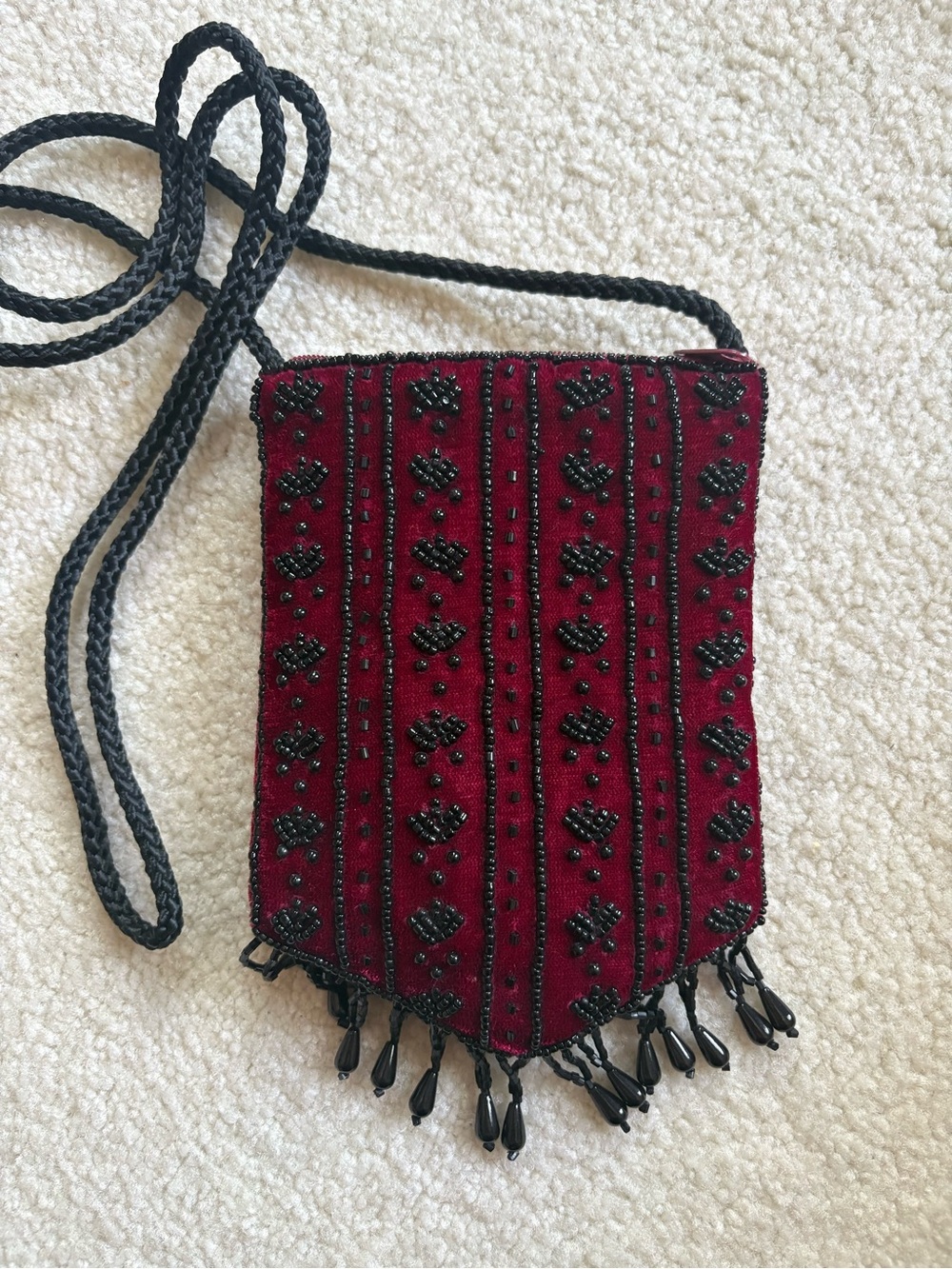 Fancy Beaded Burgundy Crossbody Bag with Fringe